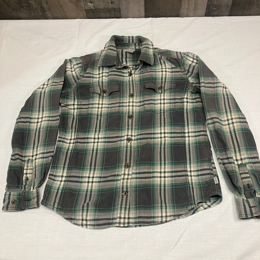 Carhartt Womens Plaid Button Down Shirt Grey White Teal S 4/6 Cabincore Pockets